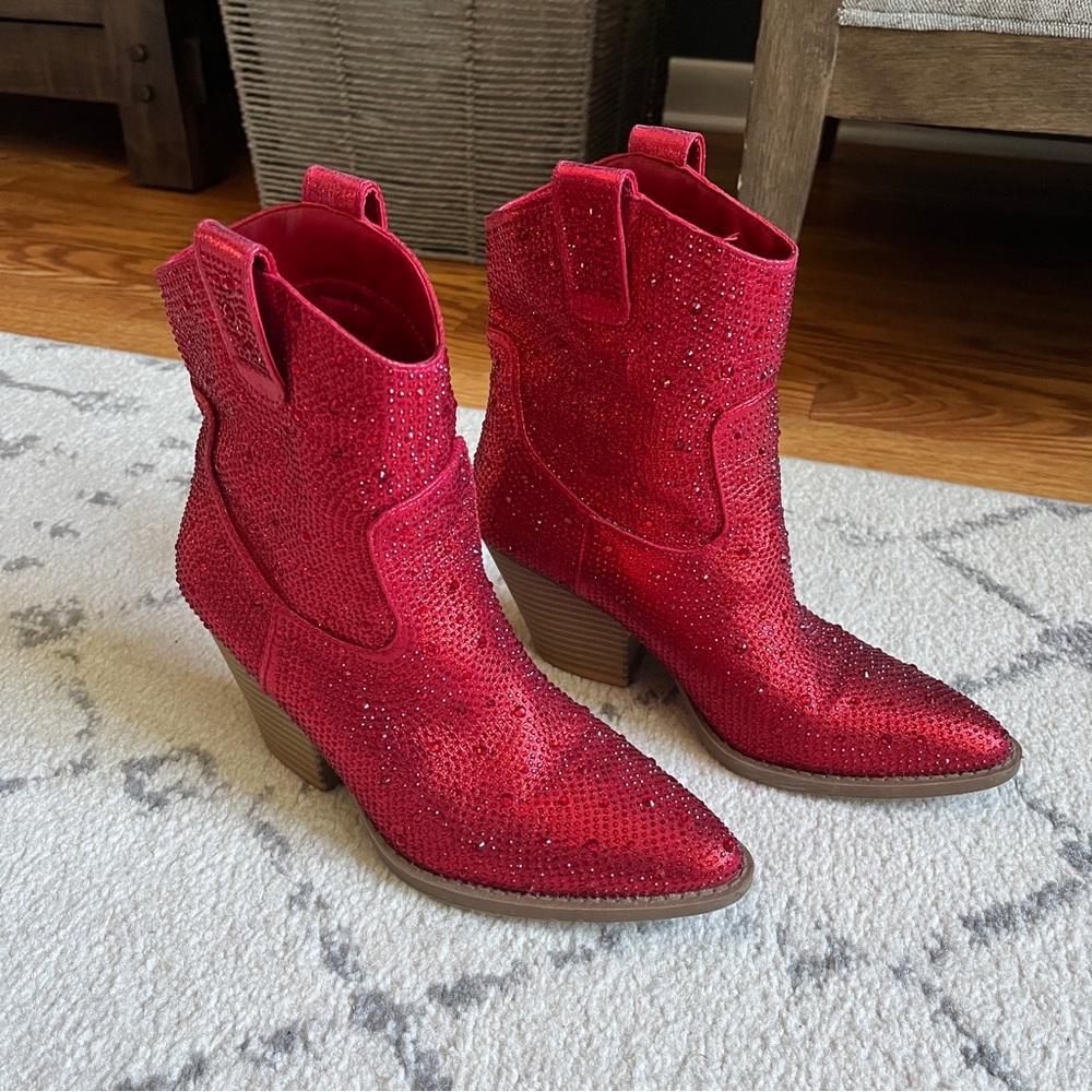 Red Rhinestone Bejeweled Ankle Cowboy Bootie Shoe 7.5 Taylor Swift Eras Tour
